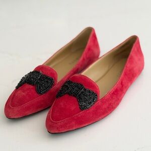 Red Talbots Suede Flats with Black Beaded Bows 7